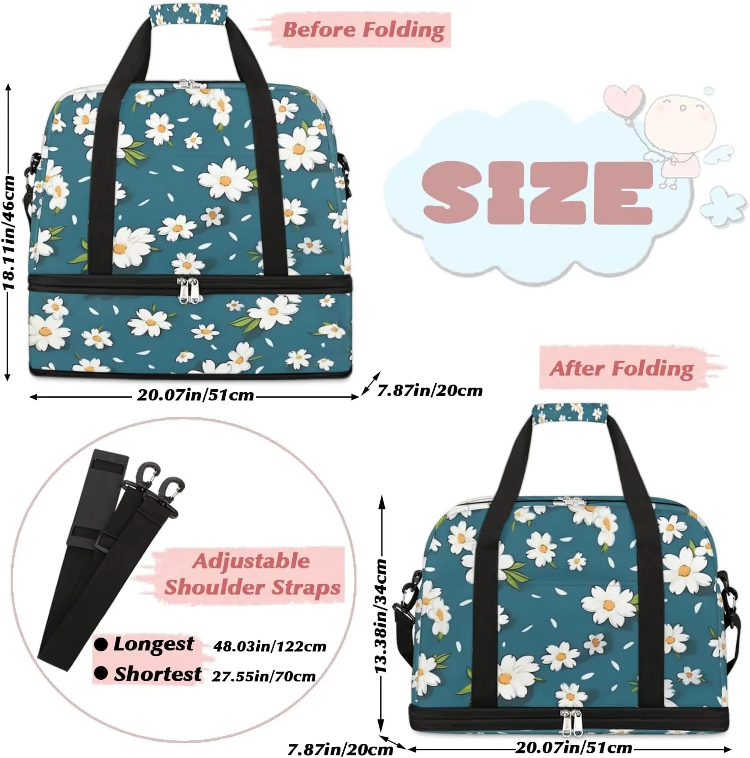 Delicate Flora Retro Prints Travel Duffle Bag, Collapsible Travel Bag Sports Gym Bag With Shoes Compartment Weekender Bag Overnight Bag For Women Men