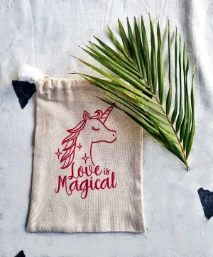 Deshkari Canvas White Potli bag with Love Magical Red Print | Unicorn Bag | Gift Potli Bag | Return Gift Bag
