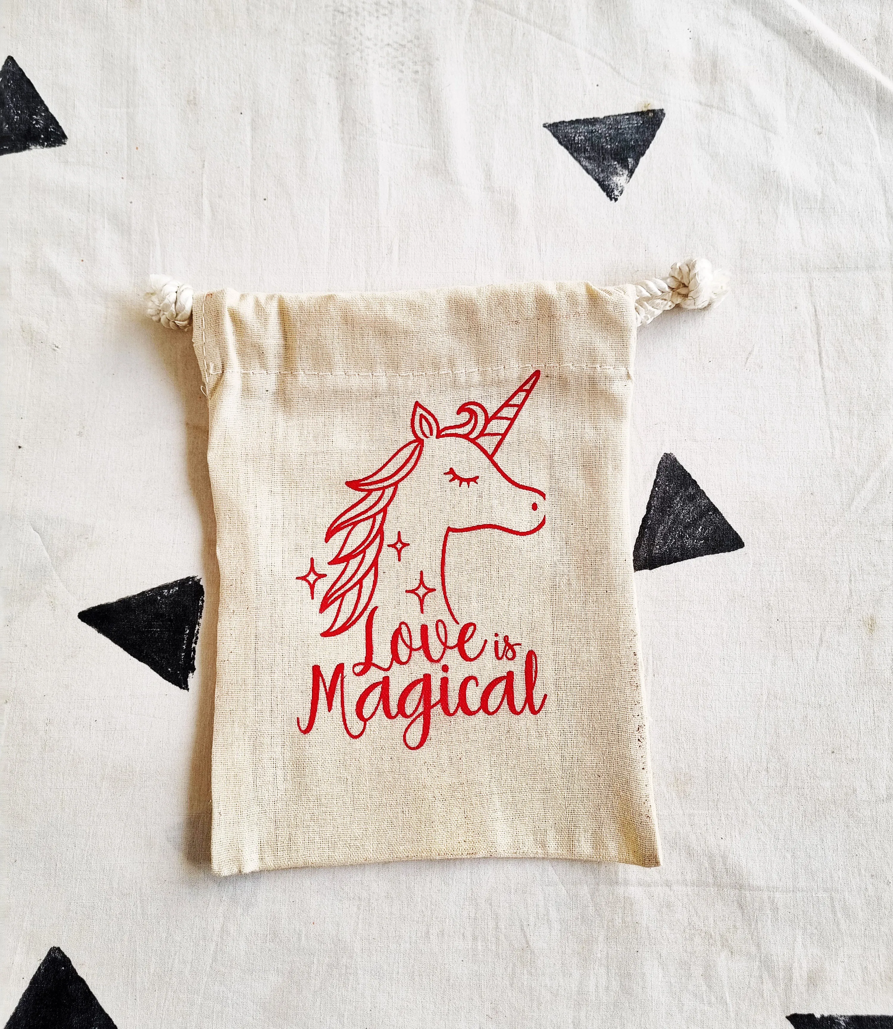 Deshkari Canvas White Potli bag with Love Magical Red Print | Unicorn Bag | Gift Potli Bag | Return Gift Bag