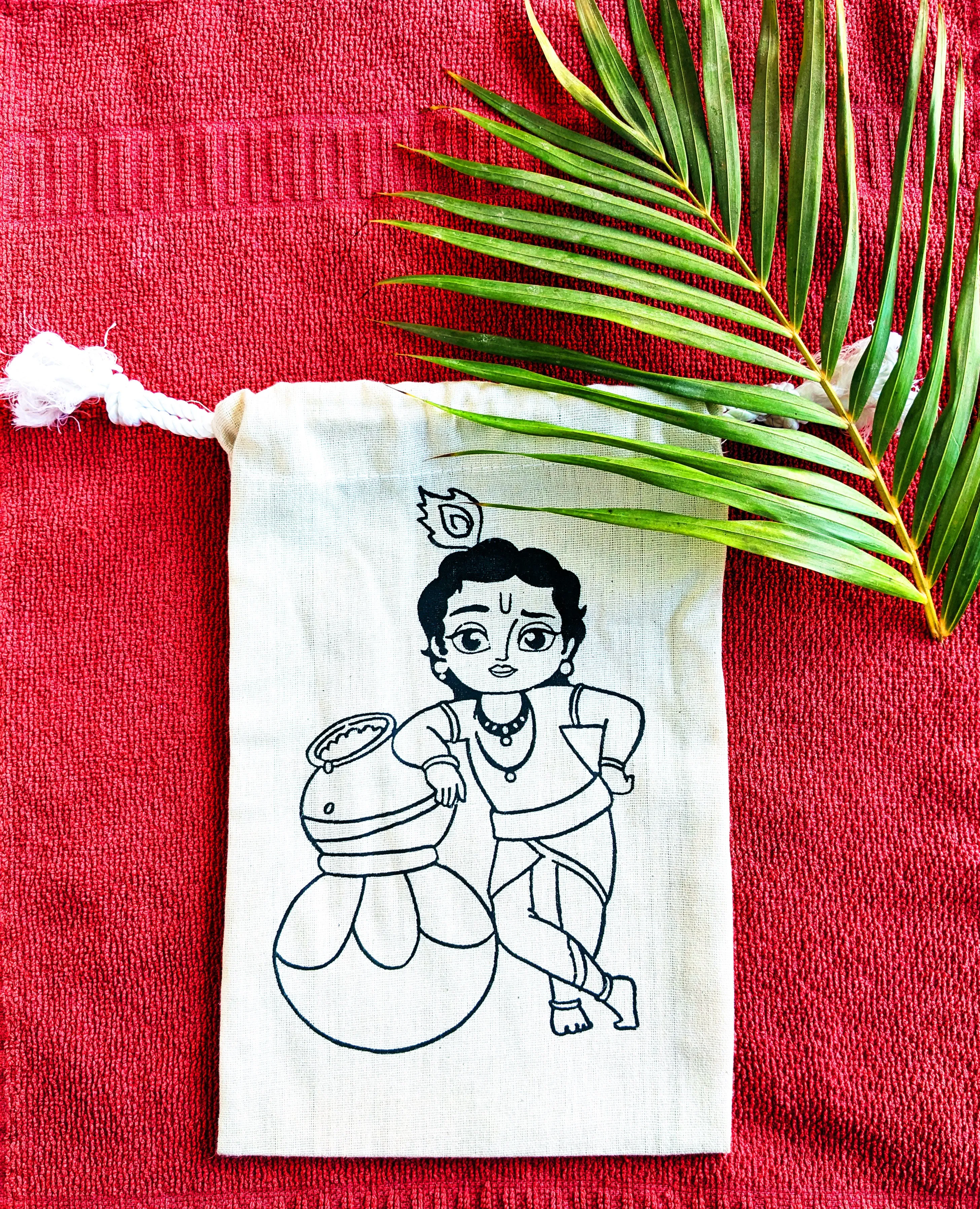 Deshkari ! Canvas white potli pouches for return gifts with Little Krishan Ji Print | gift bags for wedding | potli bags for return gifts
