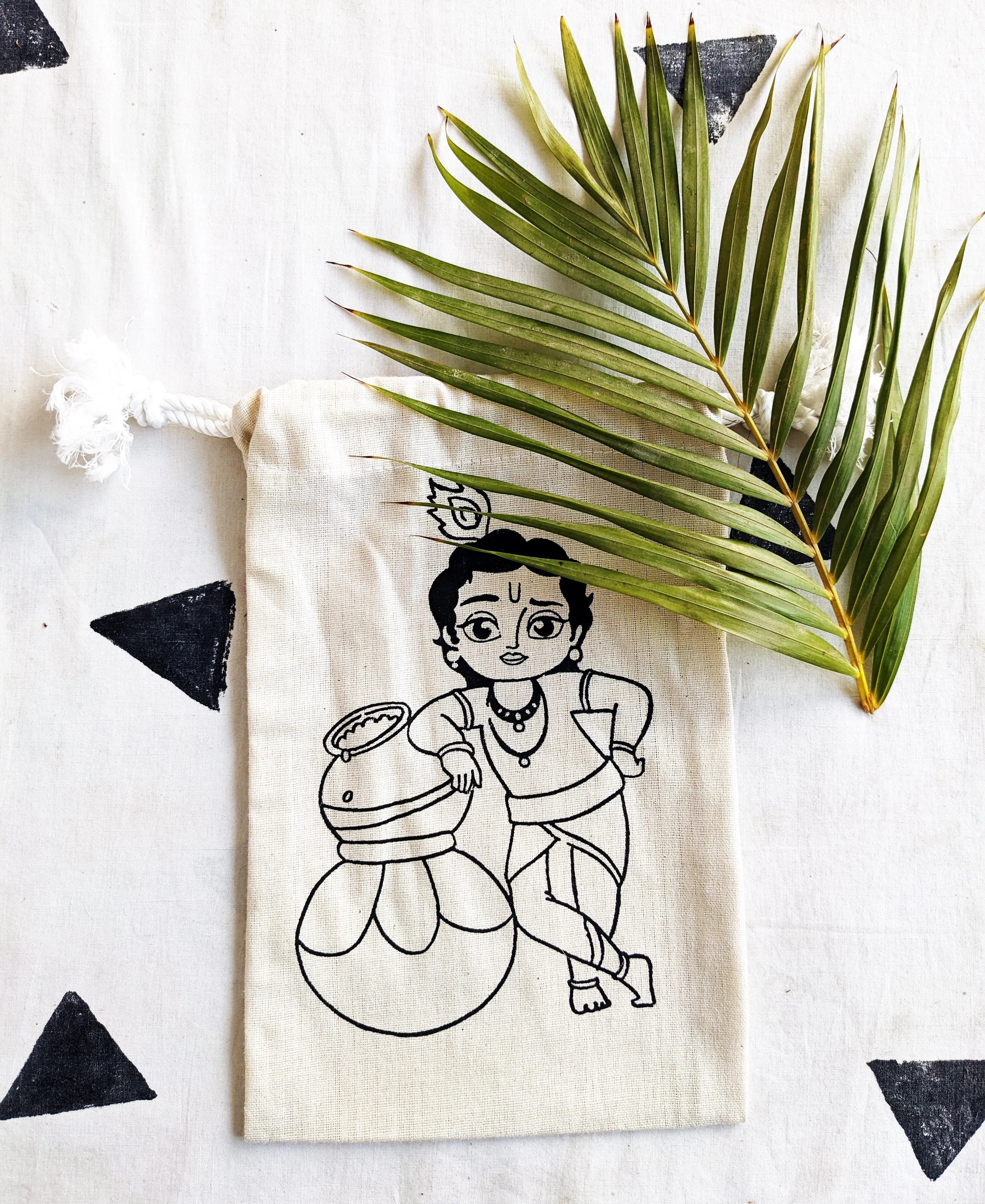 Deshkari ! Canvas white potli pouches for return gifts with Little Krishan Ji Print | gift bags for wedding | potli bags for return gifts