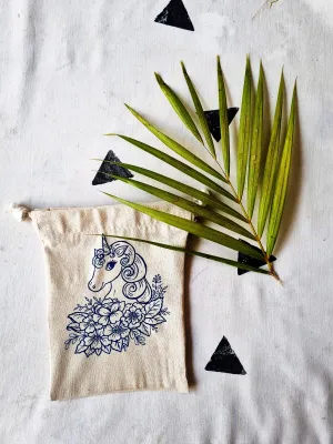 Deshkari Cute Unicorn Canvas White Potli Bags | Unicorn Bag | Gift Potlis for Return Gifts,wedding Gift potlis