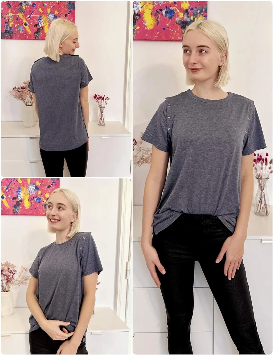 Deyeek Shoulder Surgery Shirts for Women Full Tear Away 2 Side Snaps Chemo Port Post Rotator Cuff Surgery Recovery Clothing