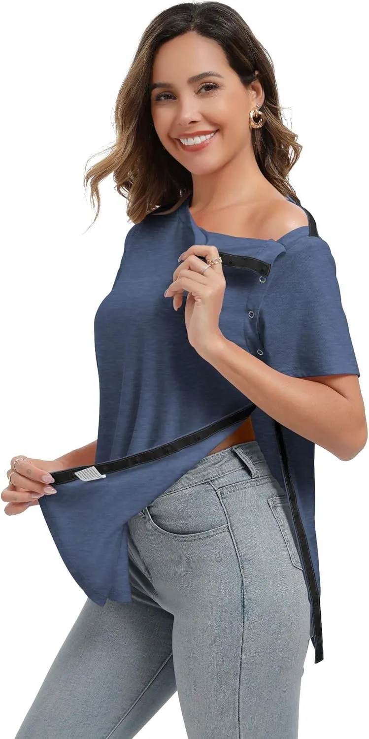 Deyeek Shoulder Surgery Shirts for Women Full Tear Away 2 Side Snaps Chemo Port Post Rotator Cuff Surgery Recovery Clothing