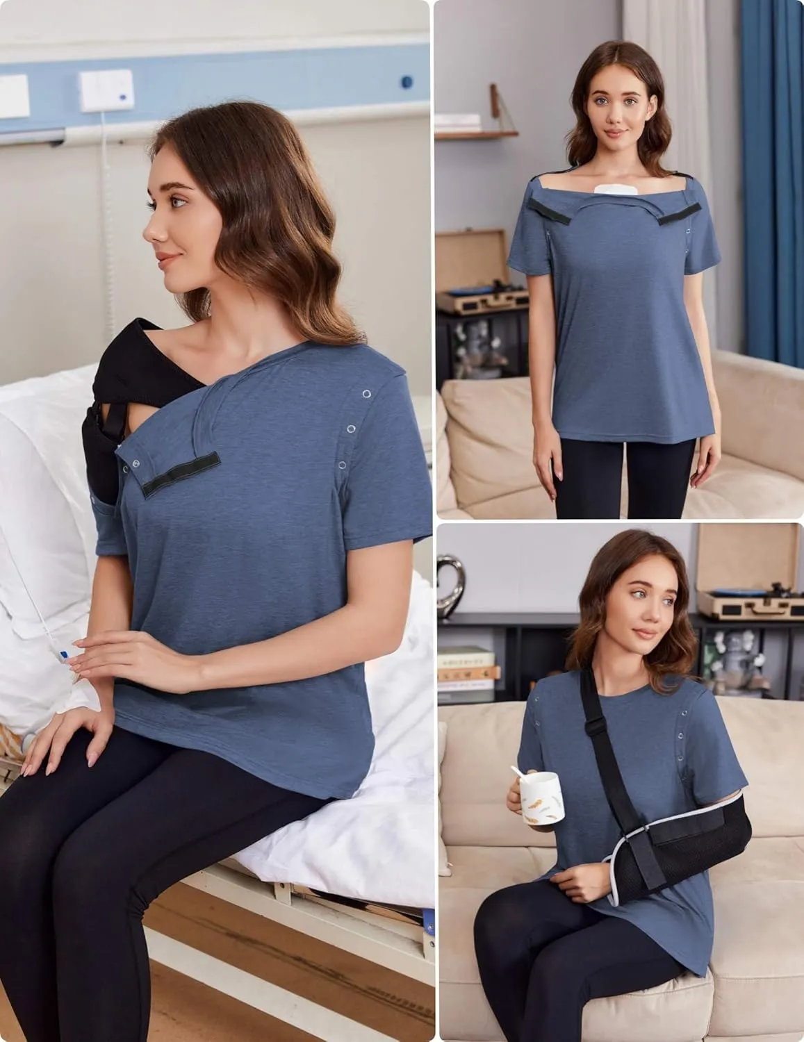 Deyeek Shoulder Surgery Shirts for Women Full Tear Away 2 Side Snaps Chemo Port Post Rotator Cuff Surgery Recovery Clothing