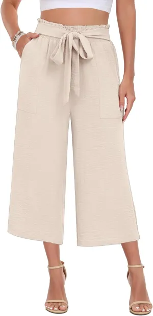DILIUXING Capri Pants for Women Tie Waist Wide Leg Casual Pants with Pockets Lightweight High-Waist Loose Trousers