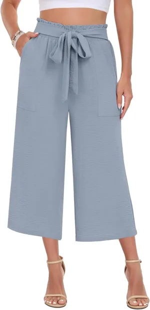 DILIUXING Capri Pants for Women Tie Waist Wide Leg Casual Pants with Pockets Lightweight High-Waist Loose Trousers