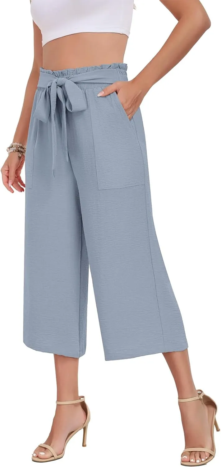 DILIUXING Capri Pants for Women Tie Waist Wide Leg Casual Pants with Pockets Lightweight High-Waist Loose Trousers