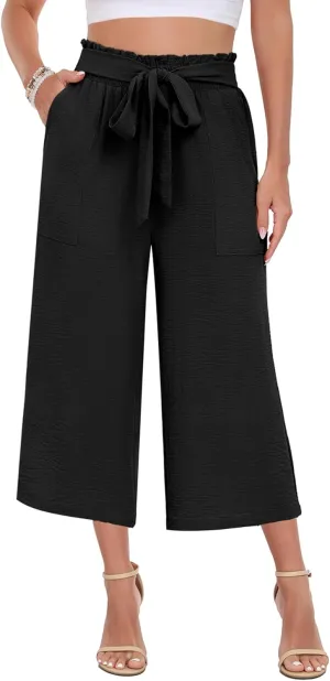 DILIUXING Capri Pants for Women Tie Waist Wide Leg Casual Pants with Pockets Lightweight High-Waist Loose Trousers