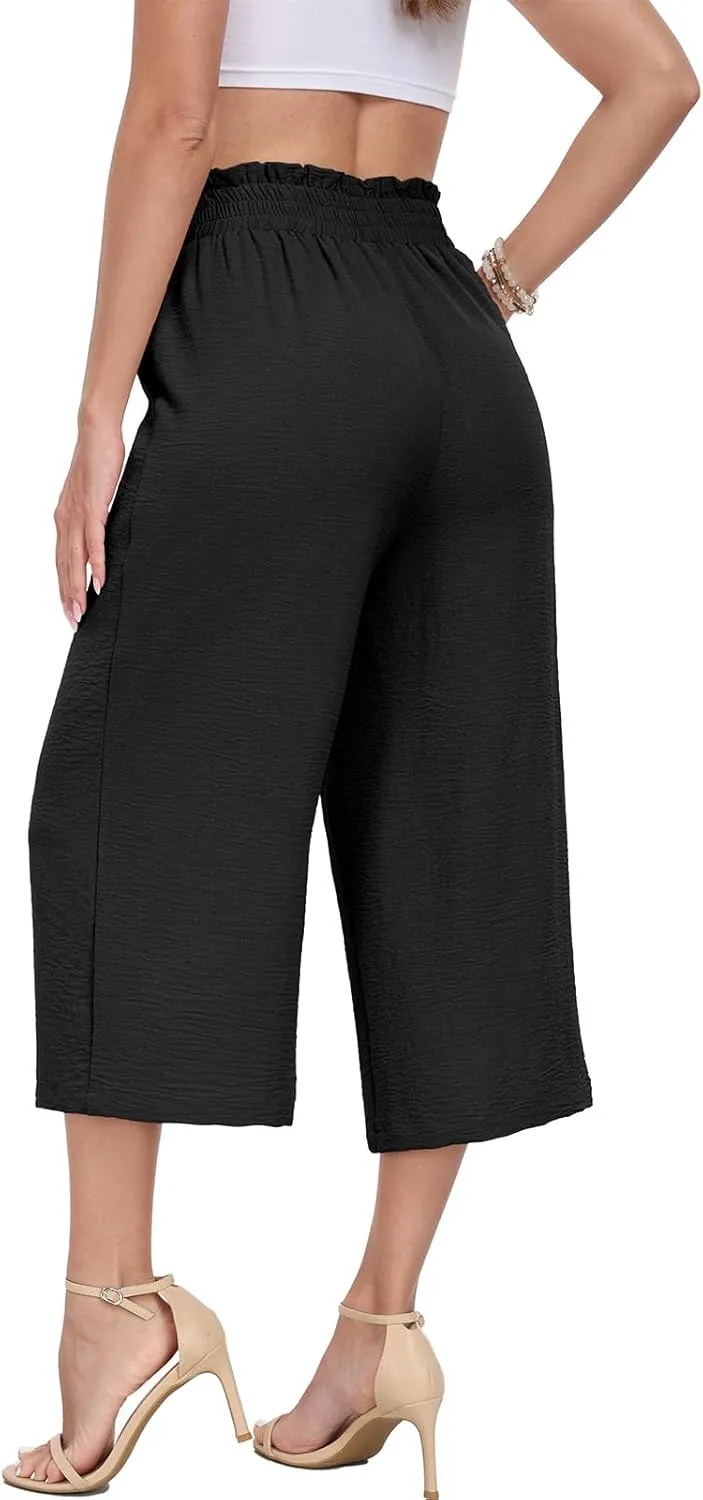 DILIUXING Capri Pants for Women Tie Waist Wide Leg Casual Pants with Pockets Lightweight High-Waist Loose Trousers