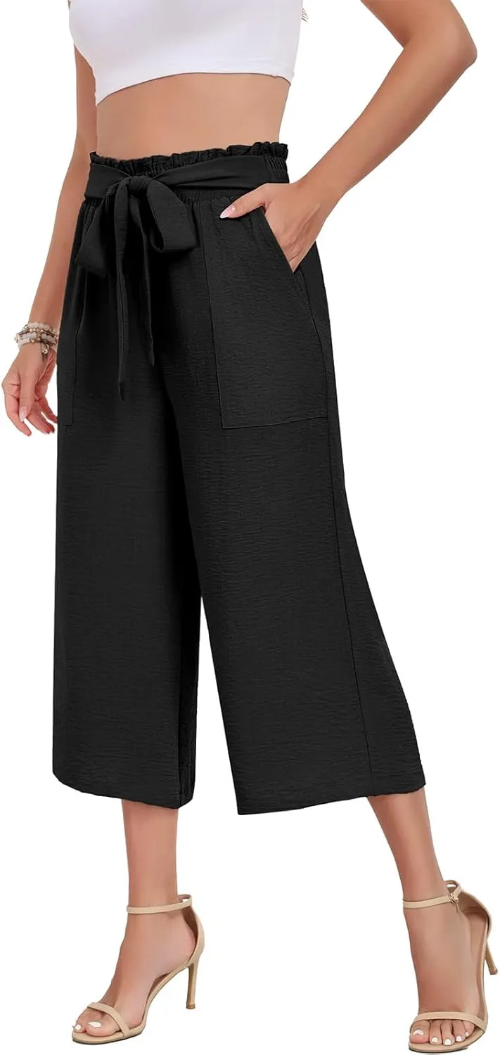 DILIUXING Capri Pants for Women Tie Waist Wide Leg Casual Pants with Pockets Lightweight High-Waist Loose Trousers