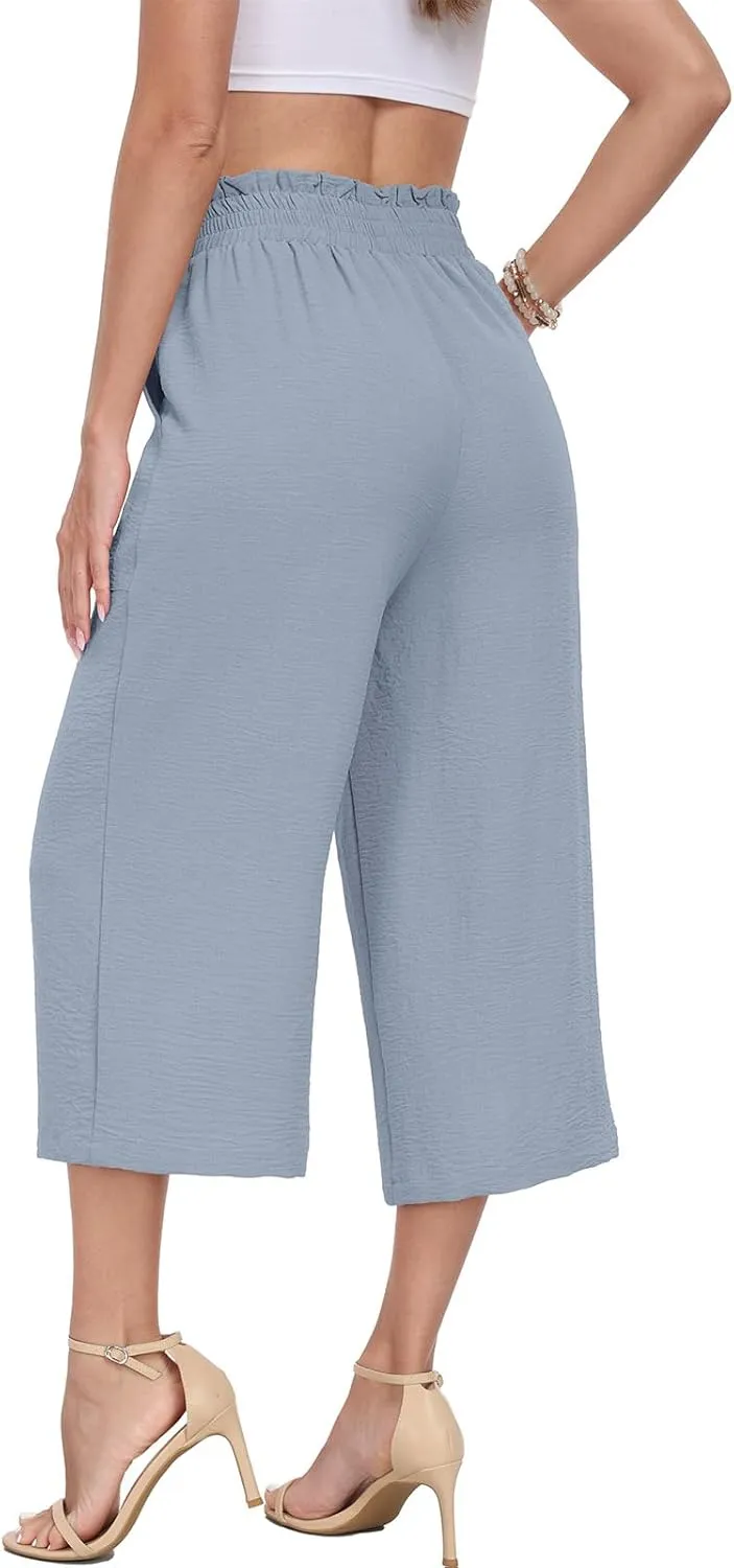 DILIUXING Capri Pants for Women Tie Waist Wide Leg Casual Pants with Pockets Lightweight High-Waist Loose Trousers