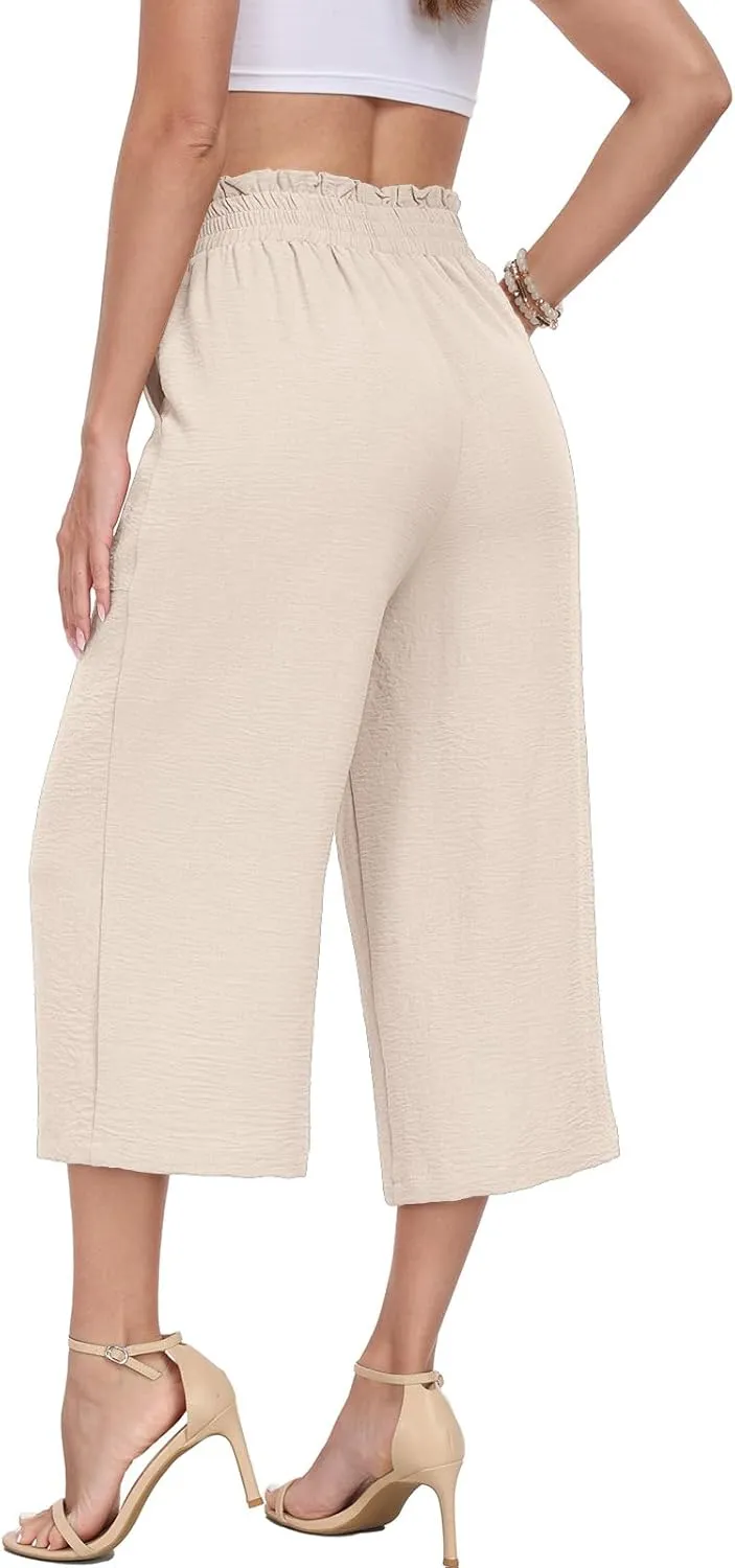 DILIUXING Capri Pants for Women Tie Waist Wide Leg Casual Pants with Pockets Lightweight High-Waist Loose Trousers