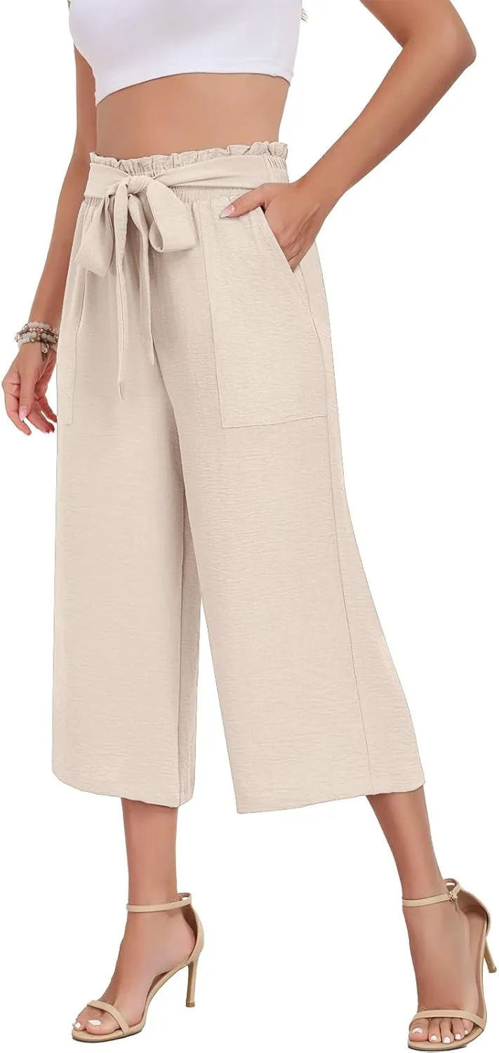 DILIUXING Capri Pants for Women Tie Waist Wide Leg Casual Pants with Pockets Lightweight High-Waist Loose Trousers