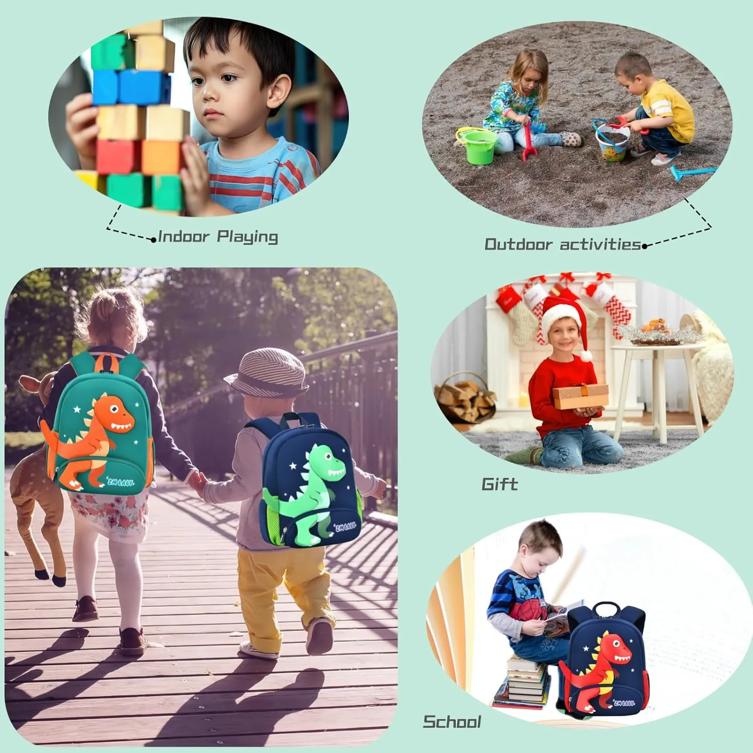 Dinosaur Anti-lost Backpack for Boys Kindergarten Preschool Bookbag with Safety Leash, Toddler Boys Backpack Daycare Bag, B-Dark-blue Green