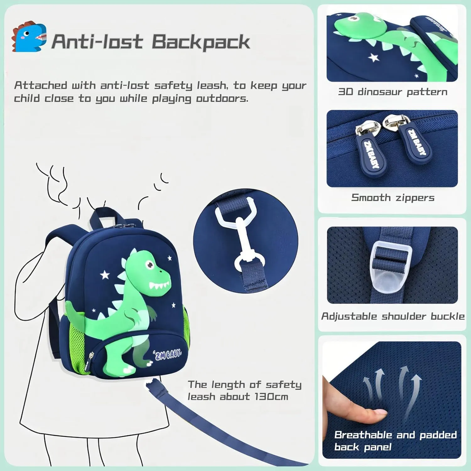 Dinosaur Anti-lost Backpack for Boys Kindergarten Preschool Bookbag with Safety Leash, Toddler Boys Backpack Daycare Bag, B-Dark-blue Green