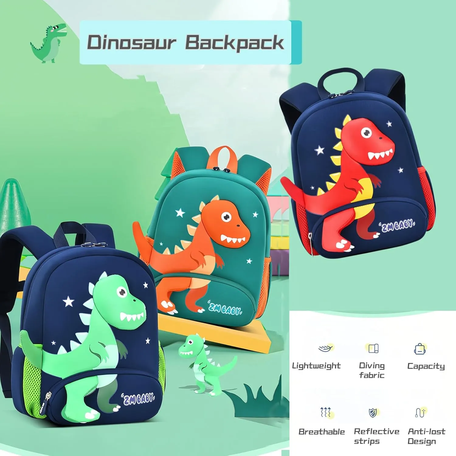 Dinosaur Anti-lost Backpack for Boys Kindergarten Preschool Bookbag with Safety Leash, Toddler Boys Backpack Daycare Bag, B-Dark-blue Green
