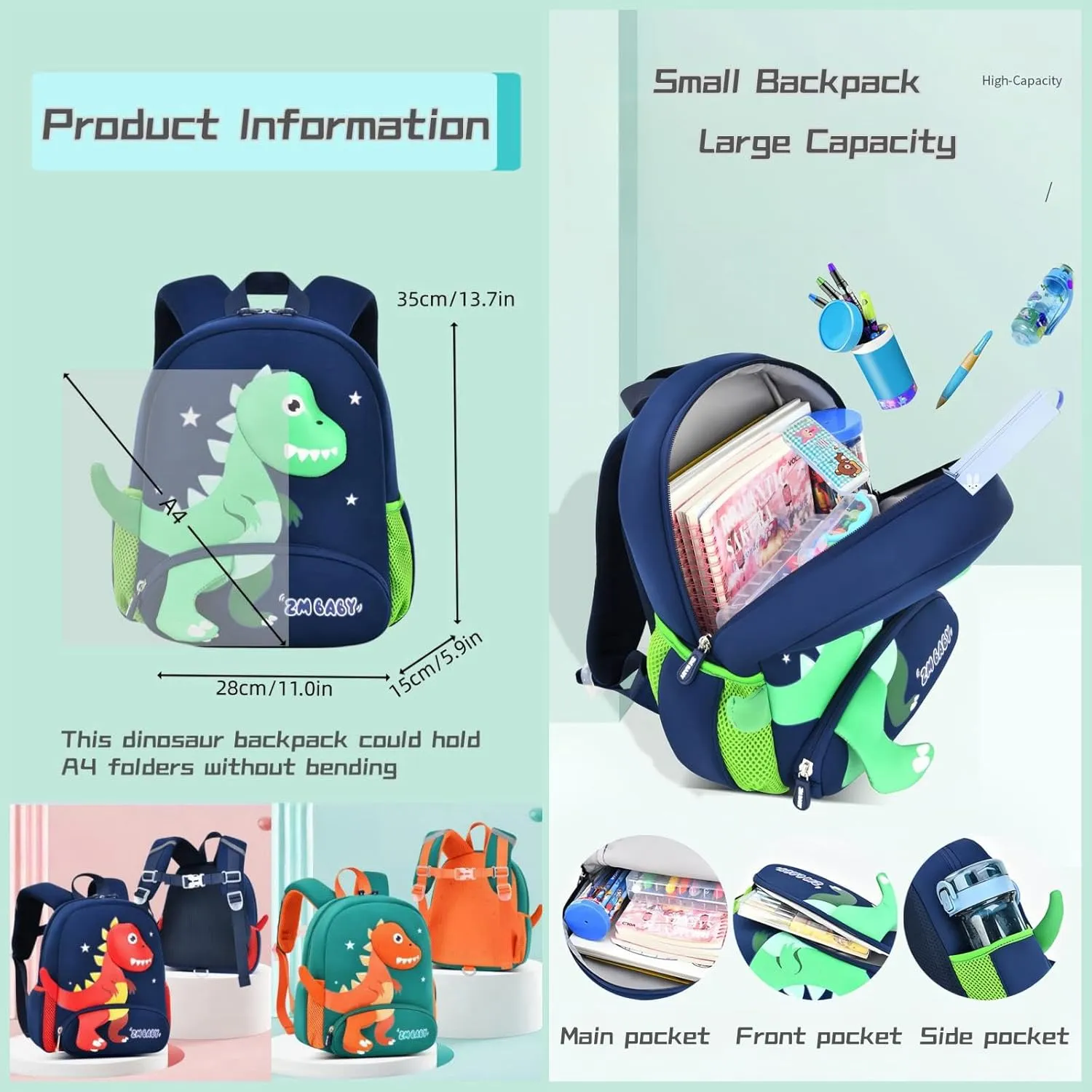 Dinosaur Anti-lost Backpack for Boys Kindergarten Preschool Bookbag with Safety Leash, Toddler Boys Backpack Daycare Bag, B-Dark-blue Green