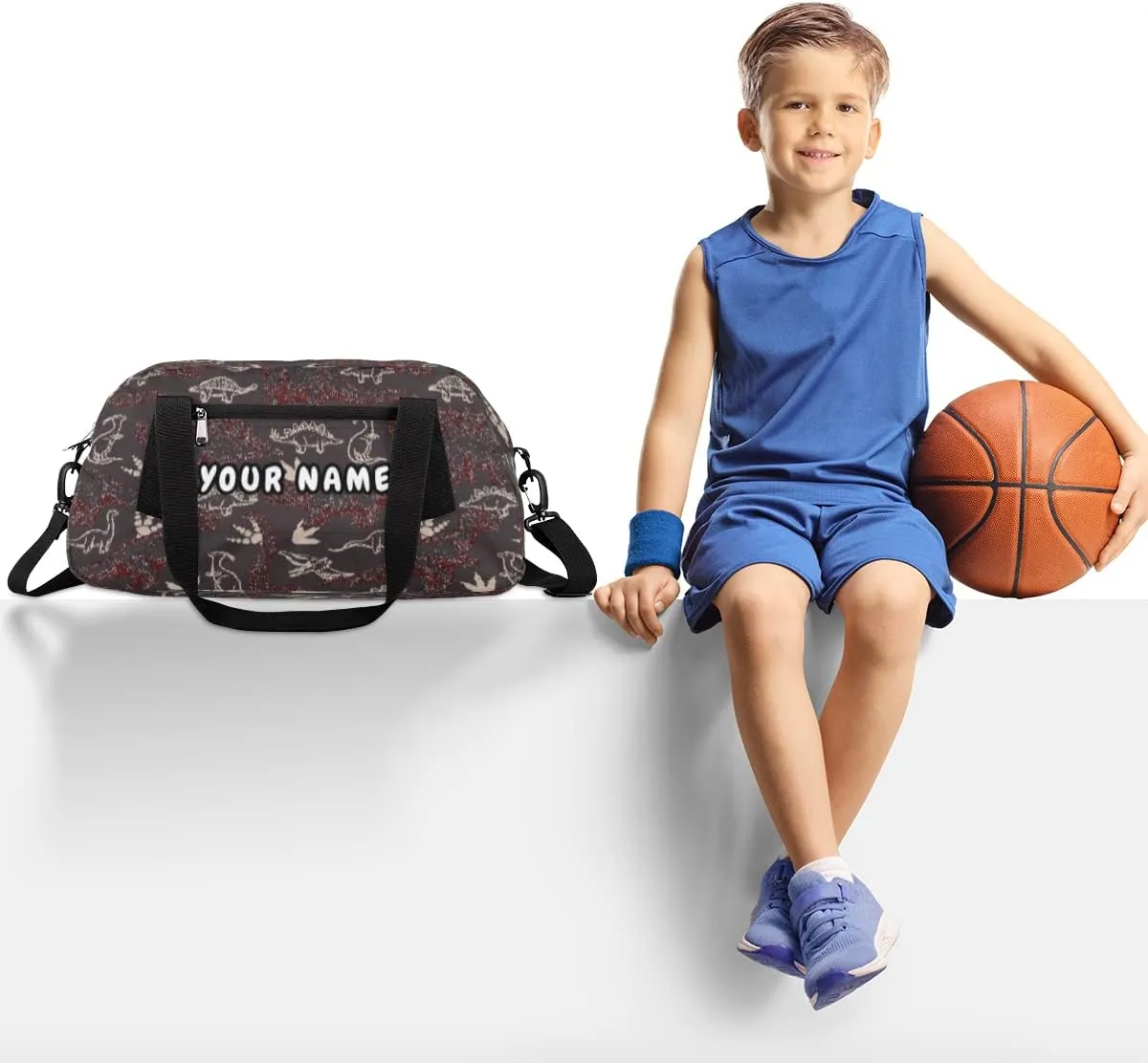 Dinosaur Pattern Personalized Kids Duffel Bag for Girls Boys, Dinosaur Debris Custom Dance Bag Overnight Small Duffel Bag Carry On Weekend Sports Travel Bag for School Practice Gymnastics Ballet