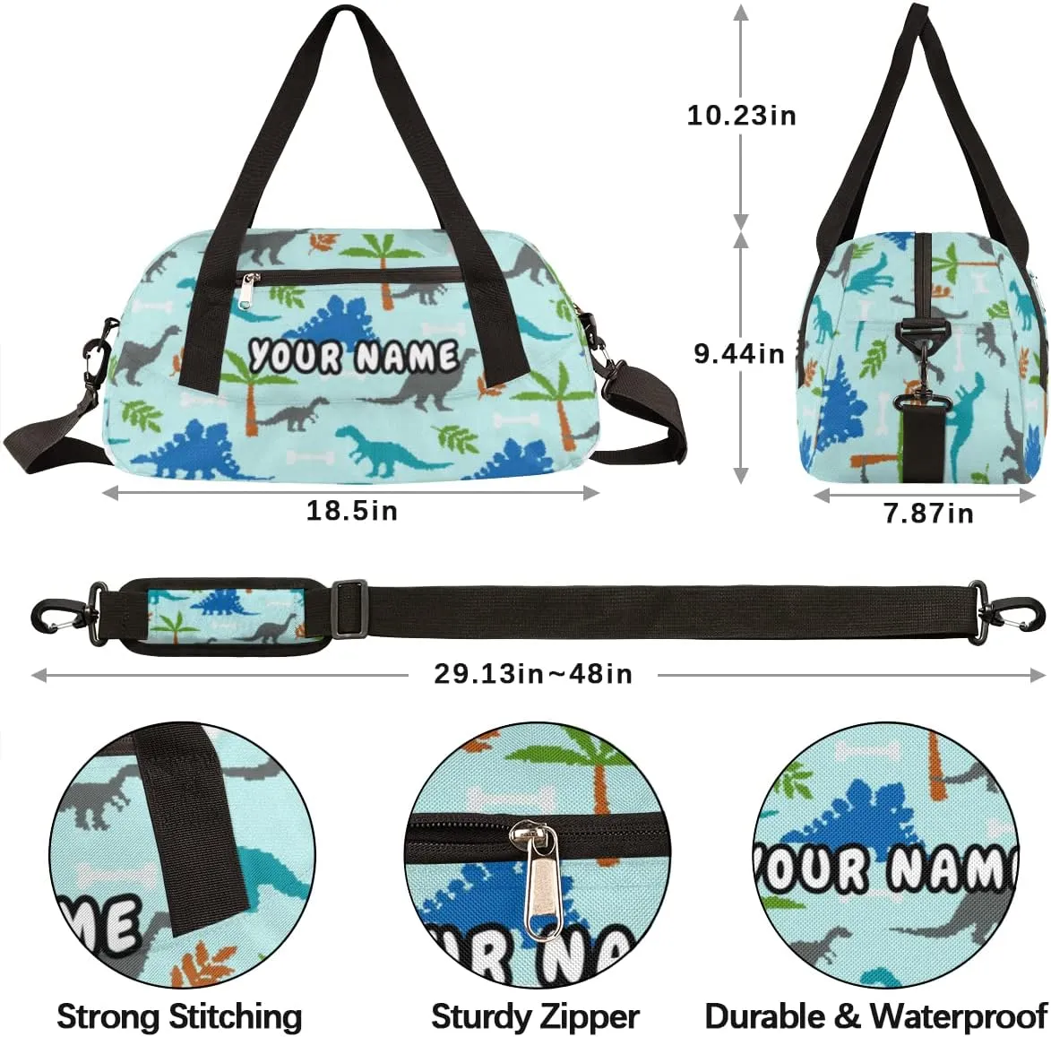 Dinosaurs Cute Dino Personalized Kids Duffel Bag for Girls Boys, Dinosaurs Debris Custom Dance Bag Overnight Small Duffel Bag Carry On Weekend Sports Travel Bag for School Practice Gymnastics Ballet