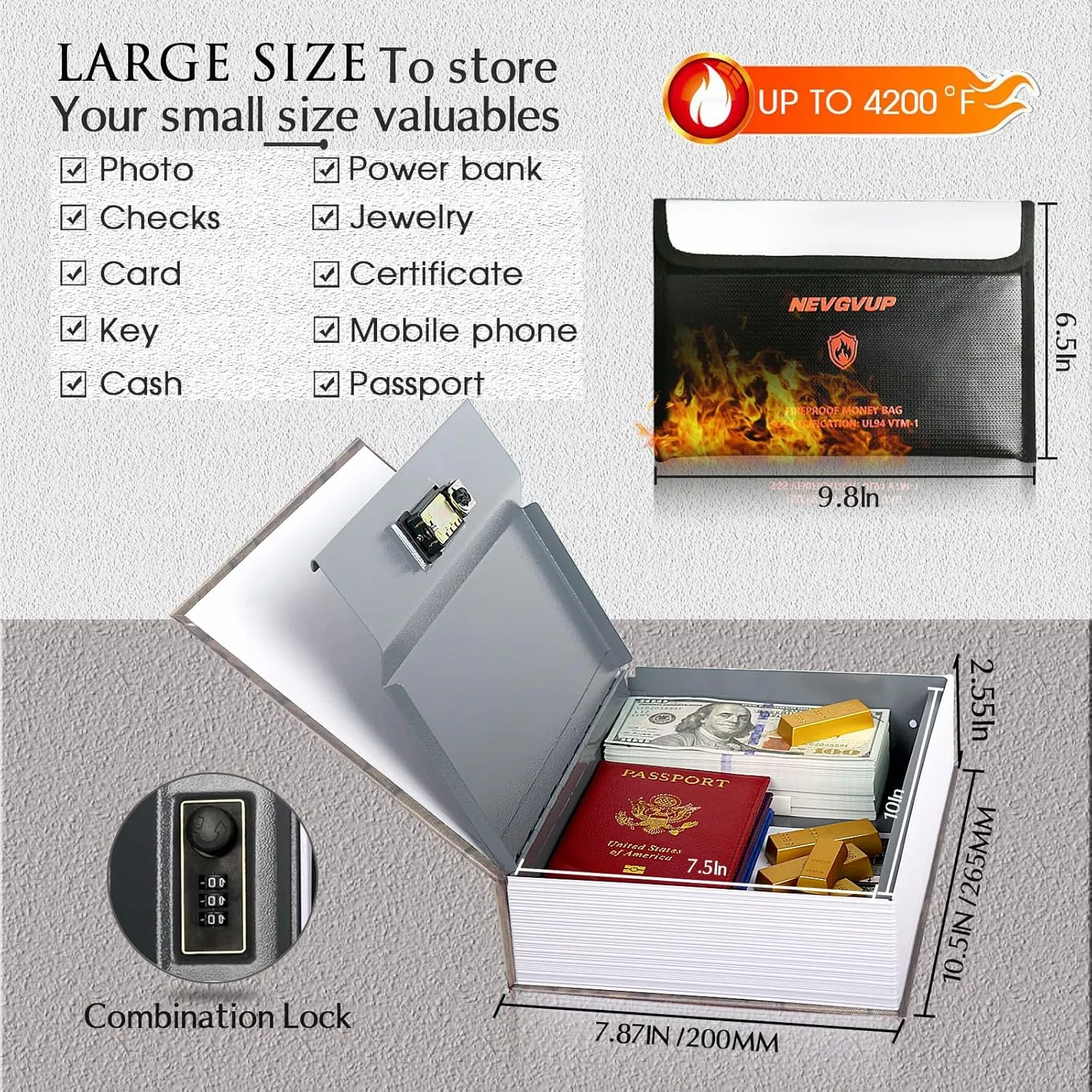 Diversion Book Safe with 4200°F Fireproof Money Bag and Combination Lock, 10.5" x 7.9" x 2.5" Fake Book Hidden Storage Safe, Hollow Secret Portable Metal Storage Box for Cash, Valuables
