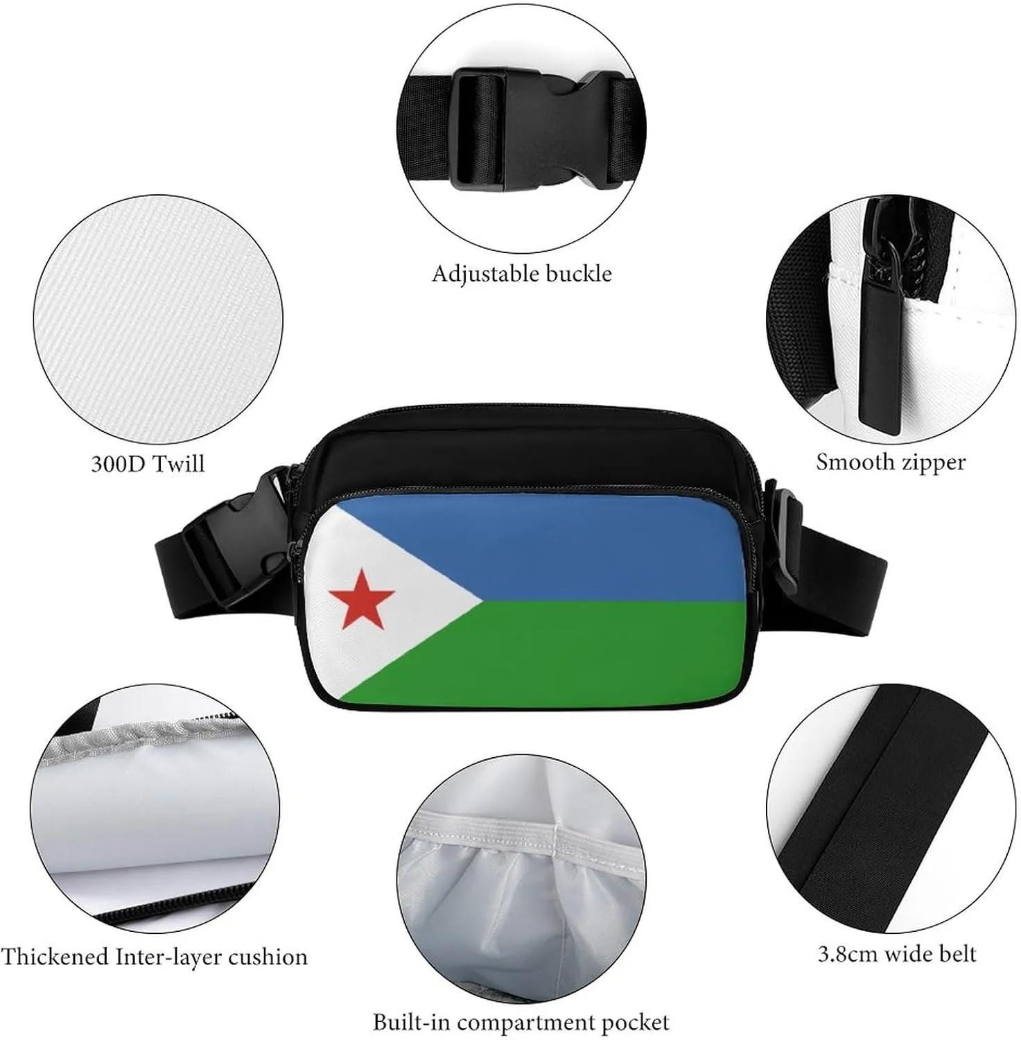 Djibouti Flag Unisex Mini Belt Bag with Adjustable Strap Small Fanny Pack Crossbody Chest Bag