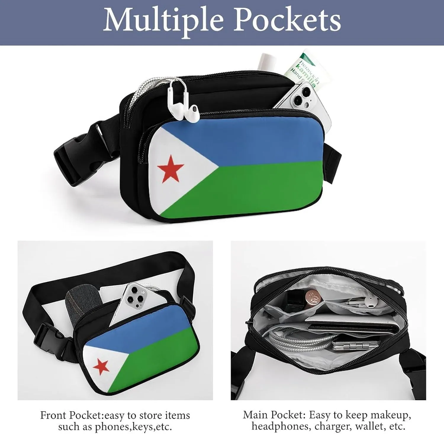 Djibouti Flag Unisex Mini Belt Bag with Adjustable Strap Small Fanny Pack Crossbody Chest Bag