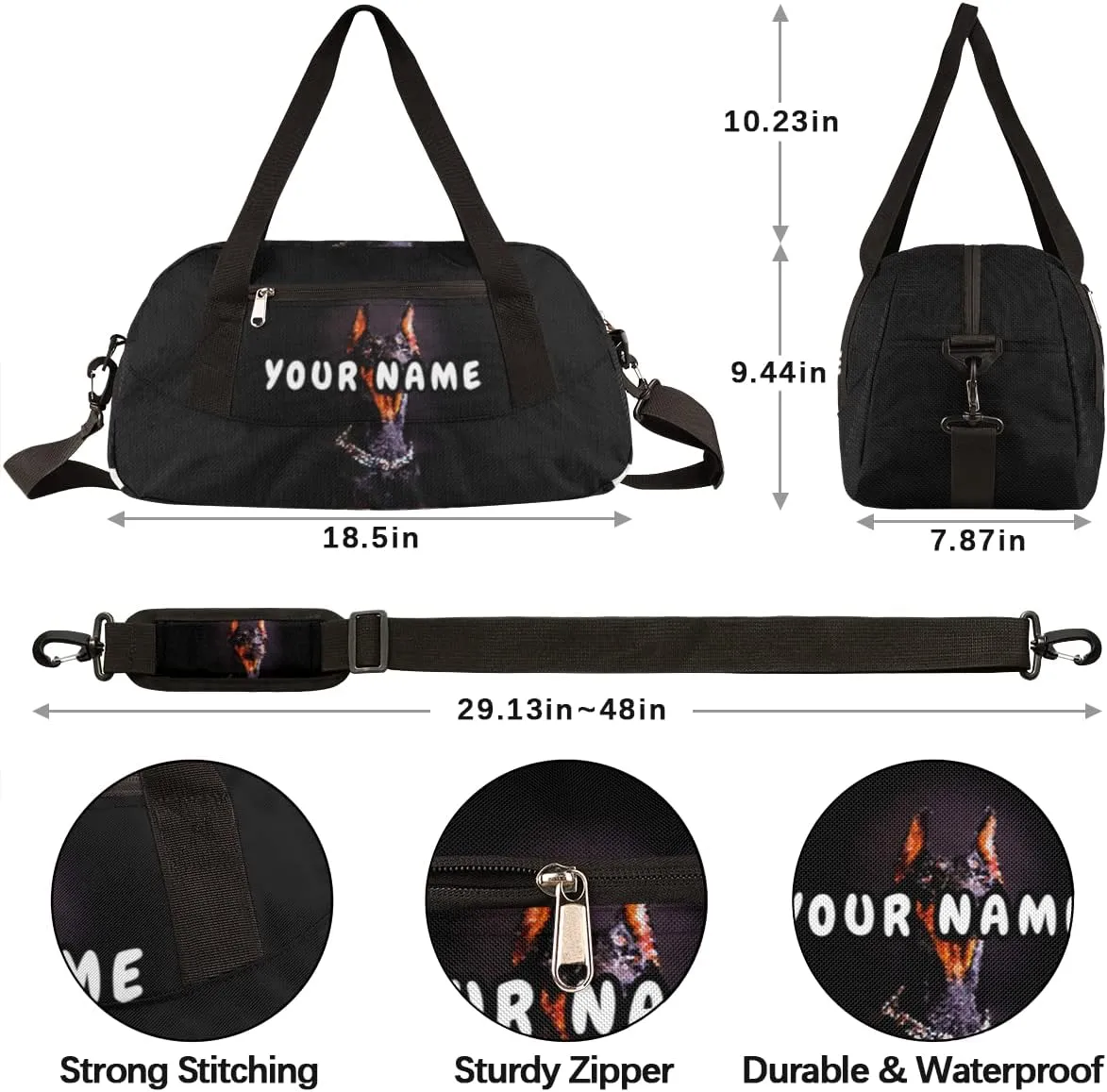 Doberman Breed Dog Personalized Kids Duffel Bag for Girls Boys, Dog Debris Custom Dance Bag Overnight Small Duffel Bag Carry On Weekend Sports Travel Bag for School Practice Gymnastics Ballet