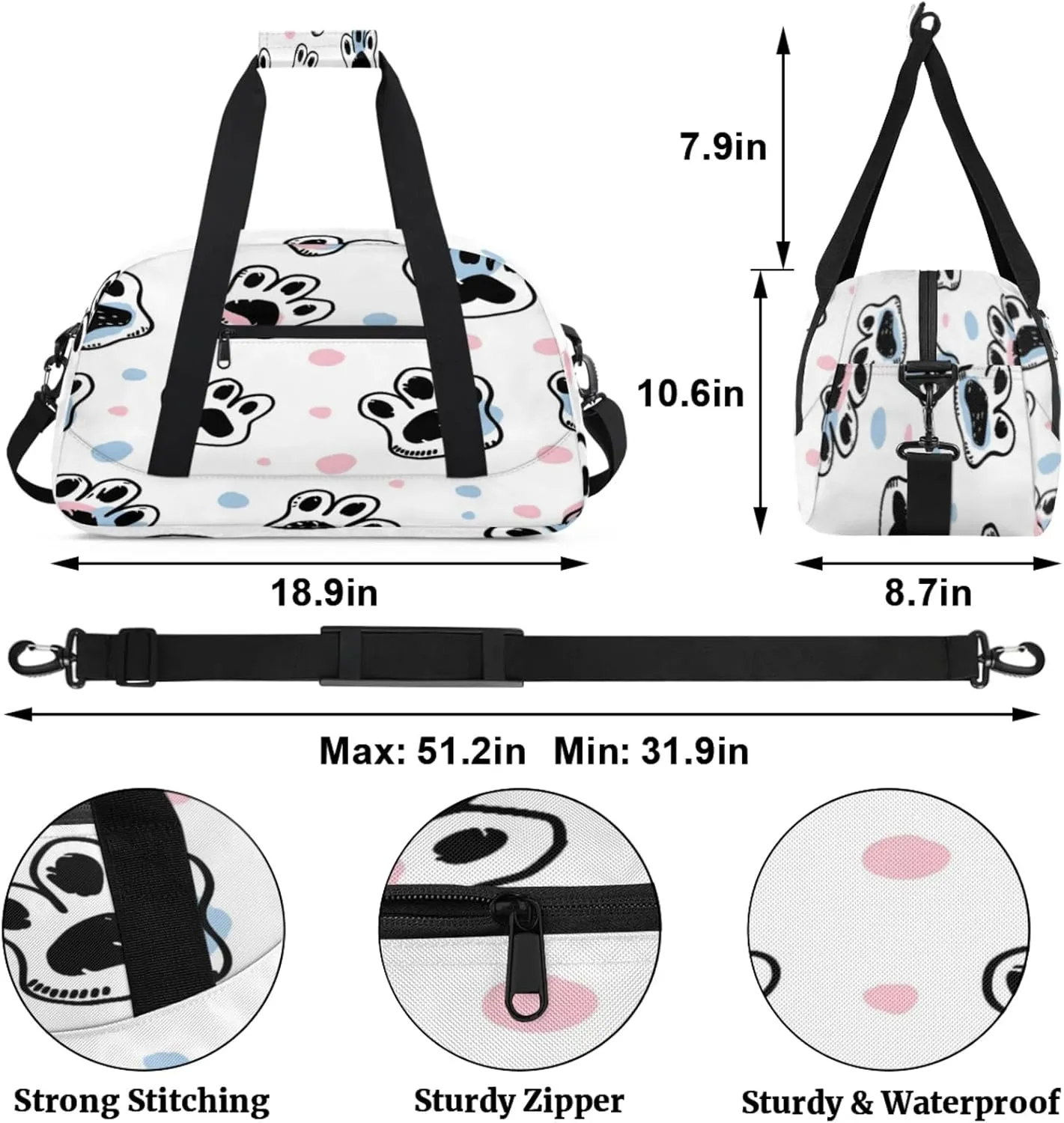Dog Paw Print Gym Bag for Women Men, Sports Travel Duffel Bag Lightweight Workout Bag Carry On Overnight Weekender Bag