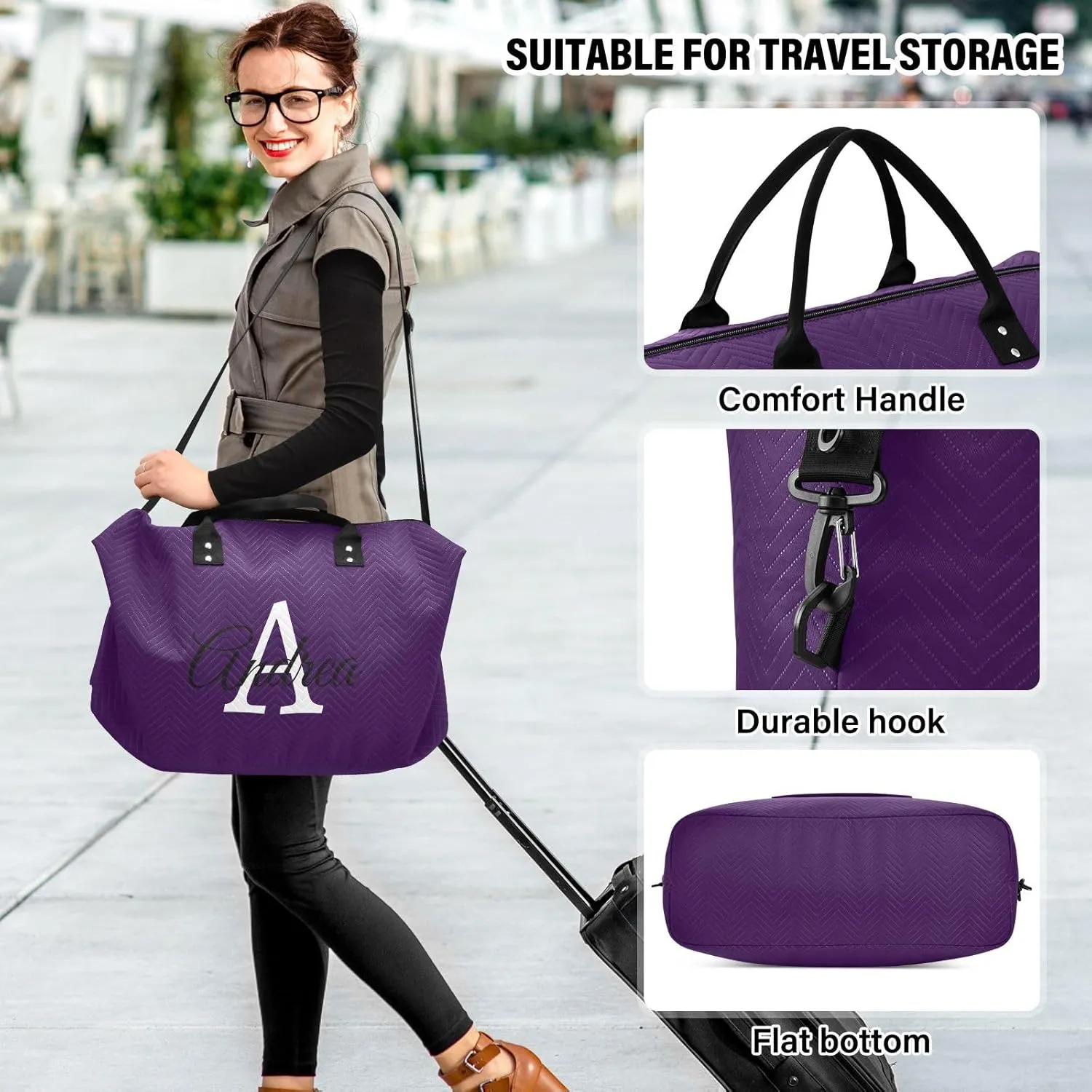 DOMIKING Black Purple Personalized Duffel Bag Foldable Weekender Bag Overnight Bags for Women Men Custom Sport Gym Bag with Toiletry Bag for Yoga Business Travel, 2 Pcs