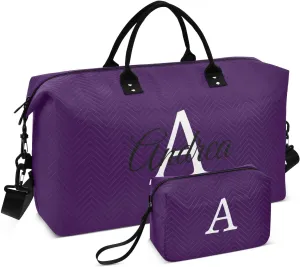 DOMIKING Black Purple Personalized Duffel Bag Foldable Weekender Bag Overnight Bags for Women Men Custom Sport Gym Bag with Toiletry Bag for Yoga Business Travel, 2 Pcs