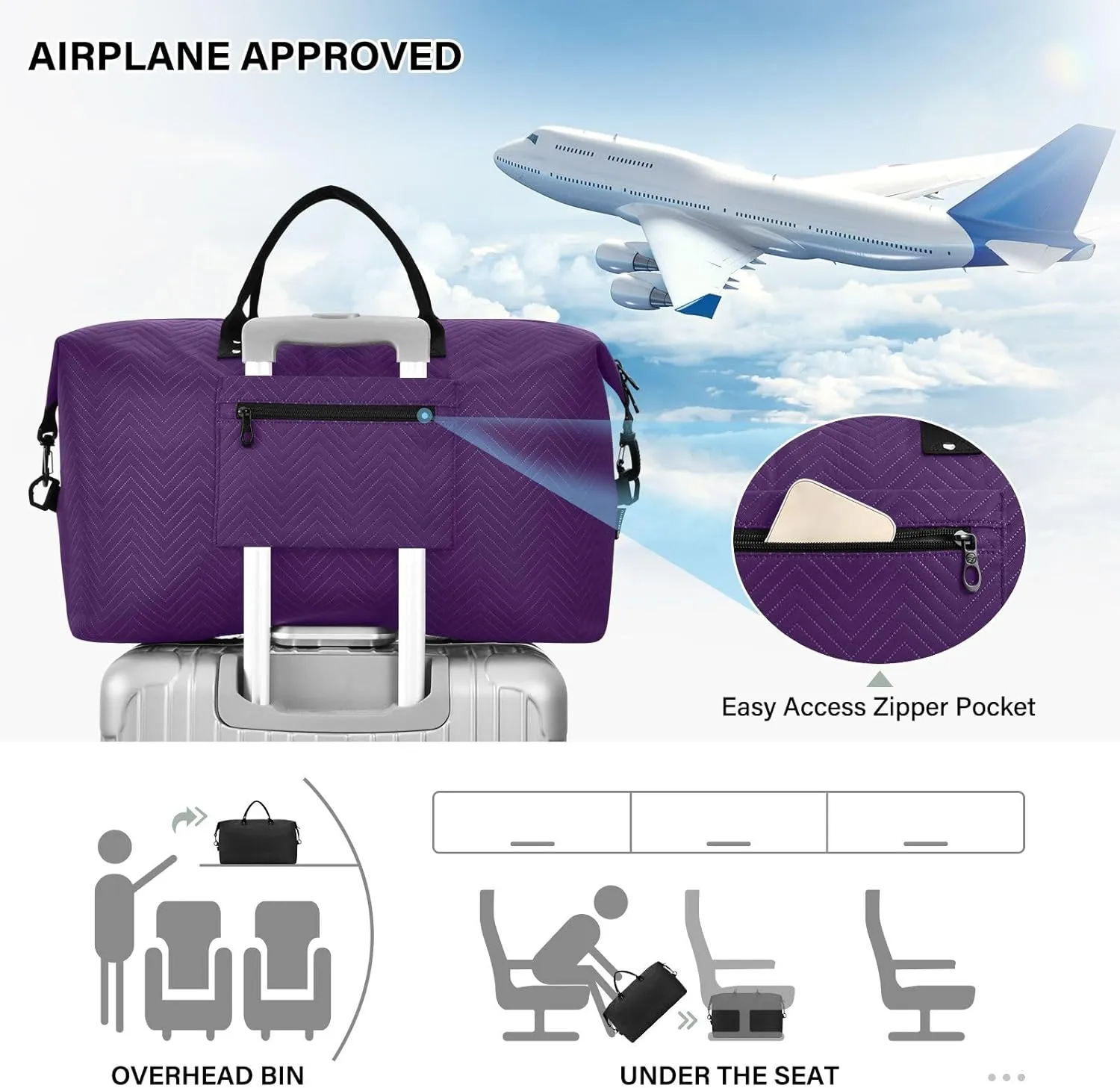 DOMIKING Black Purple Personalized Duffel Bag Foldable Weekender Bag Overnight Bags for Women Men Custom Sport Gym Bag with Toiletry Bag for Yoga Business Travel, 2 Pcs