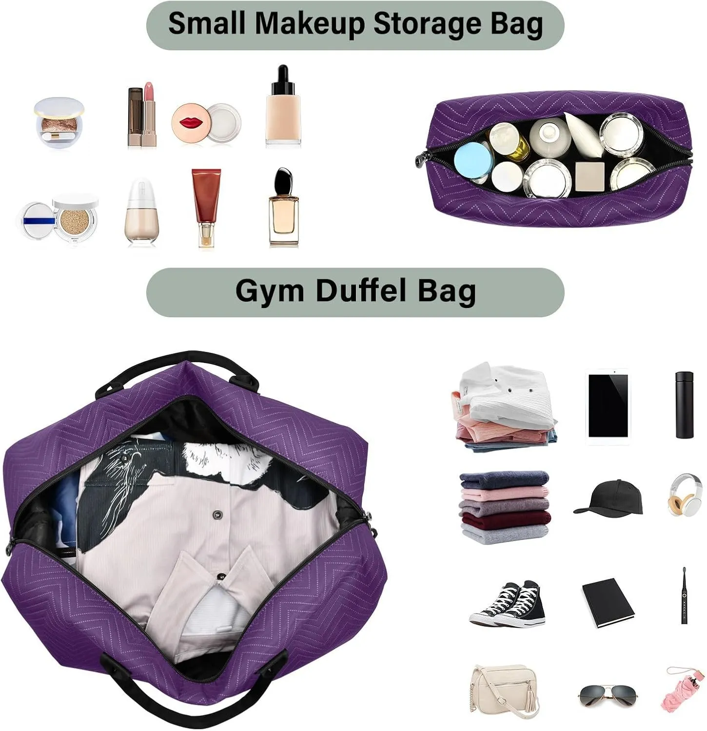 DOMIKING Black Purple Personalized Duffel Bag Foldable Weekender Bag Overnight Bags for Women Men Custom Sport Gym Bag with Toiletry Bag for Yoga Business Travel, 2 Pcs