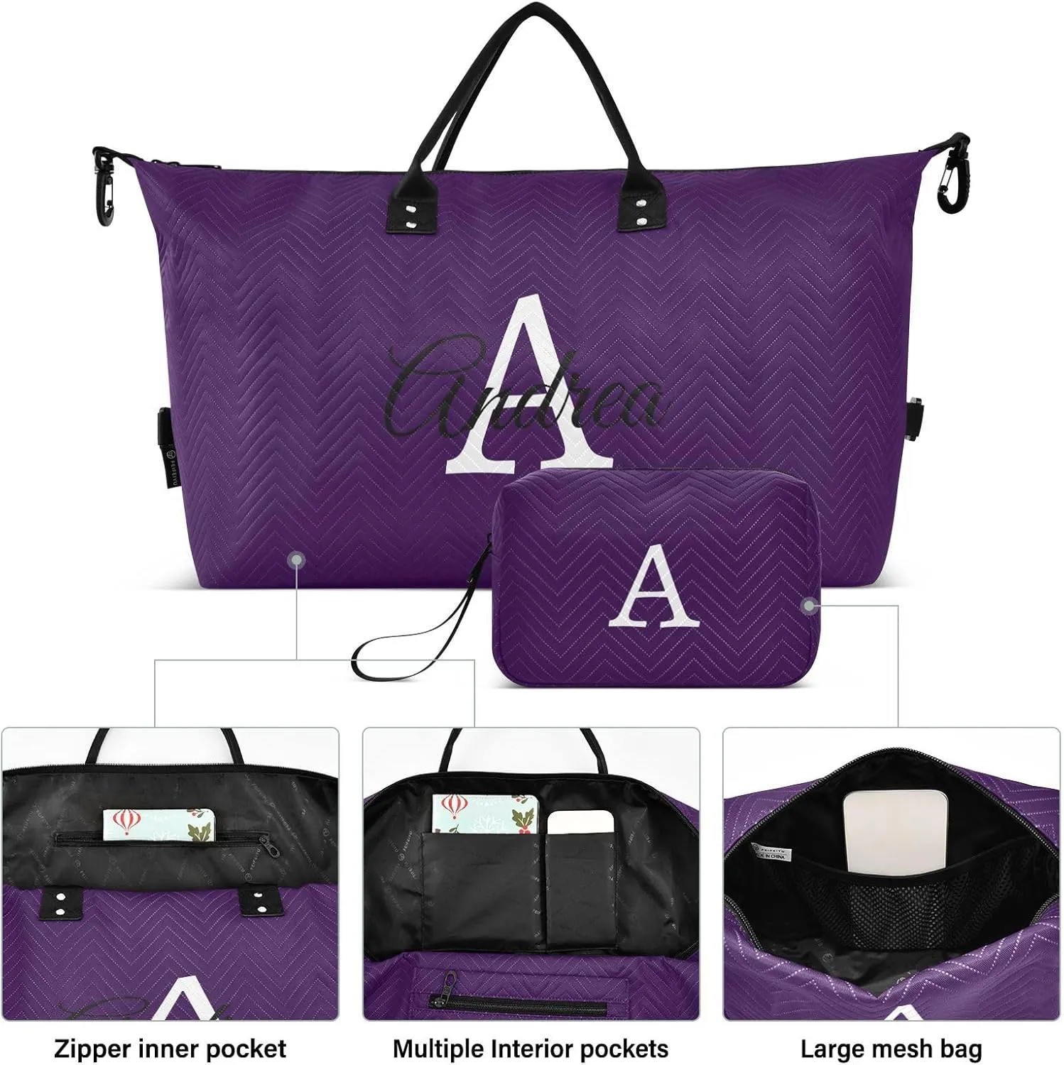 DOMIKING Black Purple Personalized Duffel Bag Foldable Weekender Bag Overnight Bags for Women Men Custom Sport Gym Bag with Toiletry Bag for Yoga Business Travel, 2 Pcs