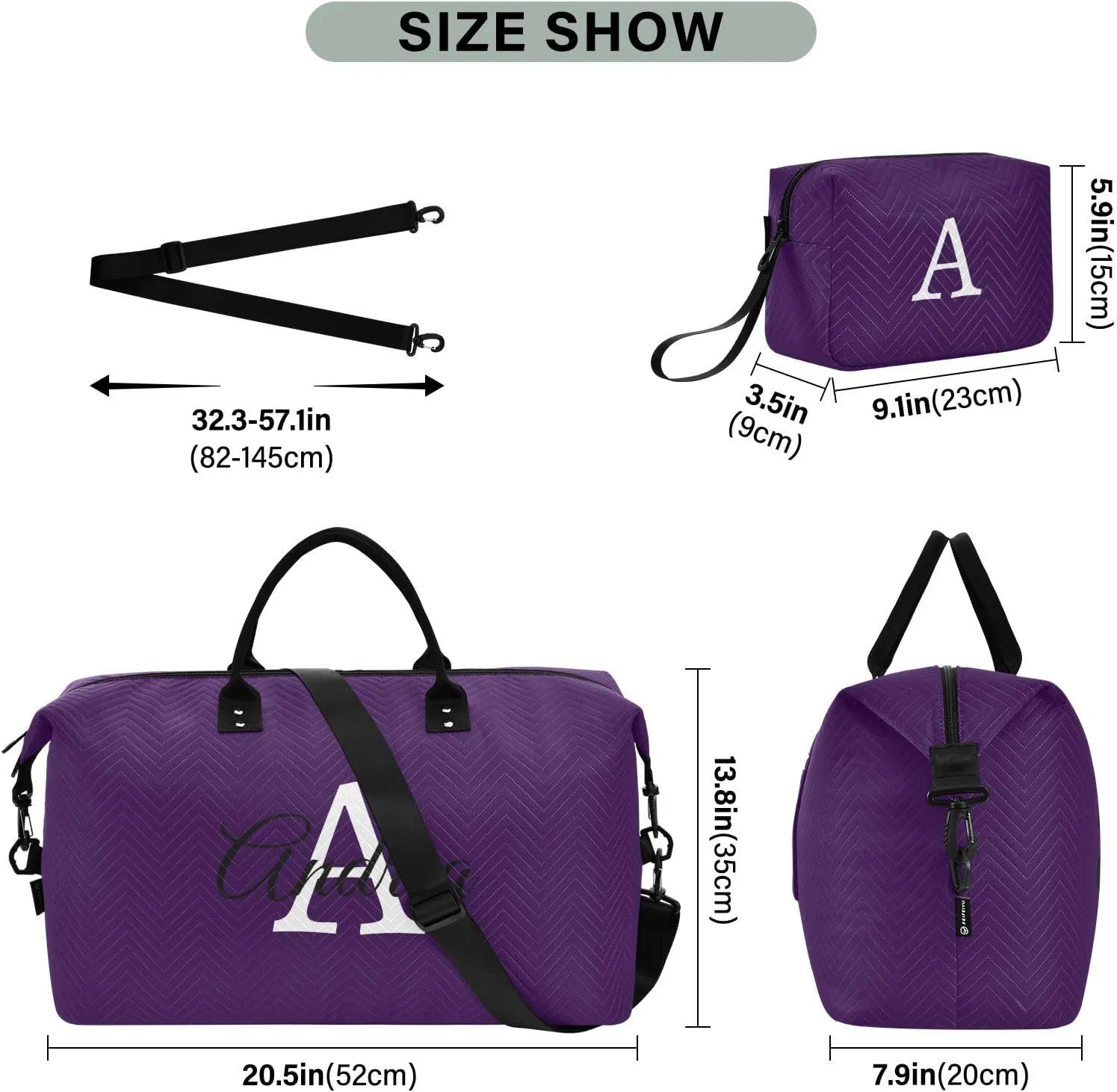 DOMIKING Black Purple Personalized Duffel Bag Foldable Weekender Bag Overnight Bags for Women Men Custom Sport Gym Bag with Toiletry Bag for Yoga Business Travel, 2 Pcs