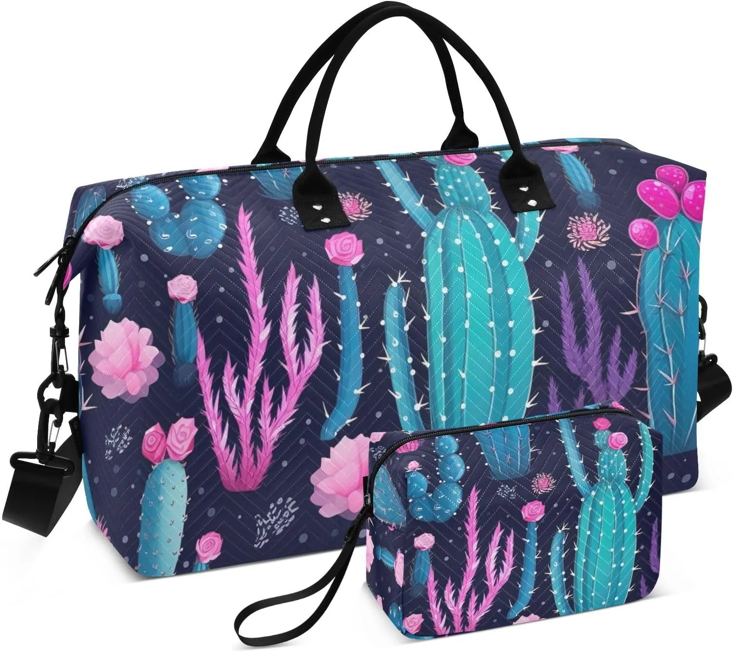 DOMIKING Cactus Succulents Flora Travel Duffle Bag Foldable Weekender Overnight Bags for Women Men Carry On Tote Bag Personal Item Travel Bag with Toiletry Bag for Sport Business Weekend, 2 Pcs