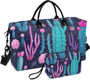 DOMIKING Cactus Succulents Flora Travel Duffle Bag Foldable Weekender Overnight Bags for Women Men Carry On Tote Bag Personal Item Travel Bag with Toiletry Bag for Sport Business Weekend, 2 Pcs