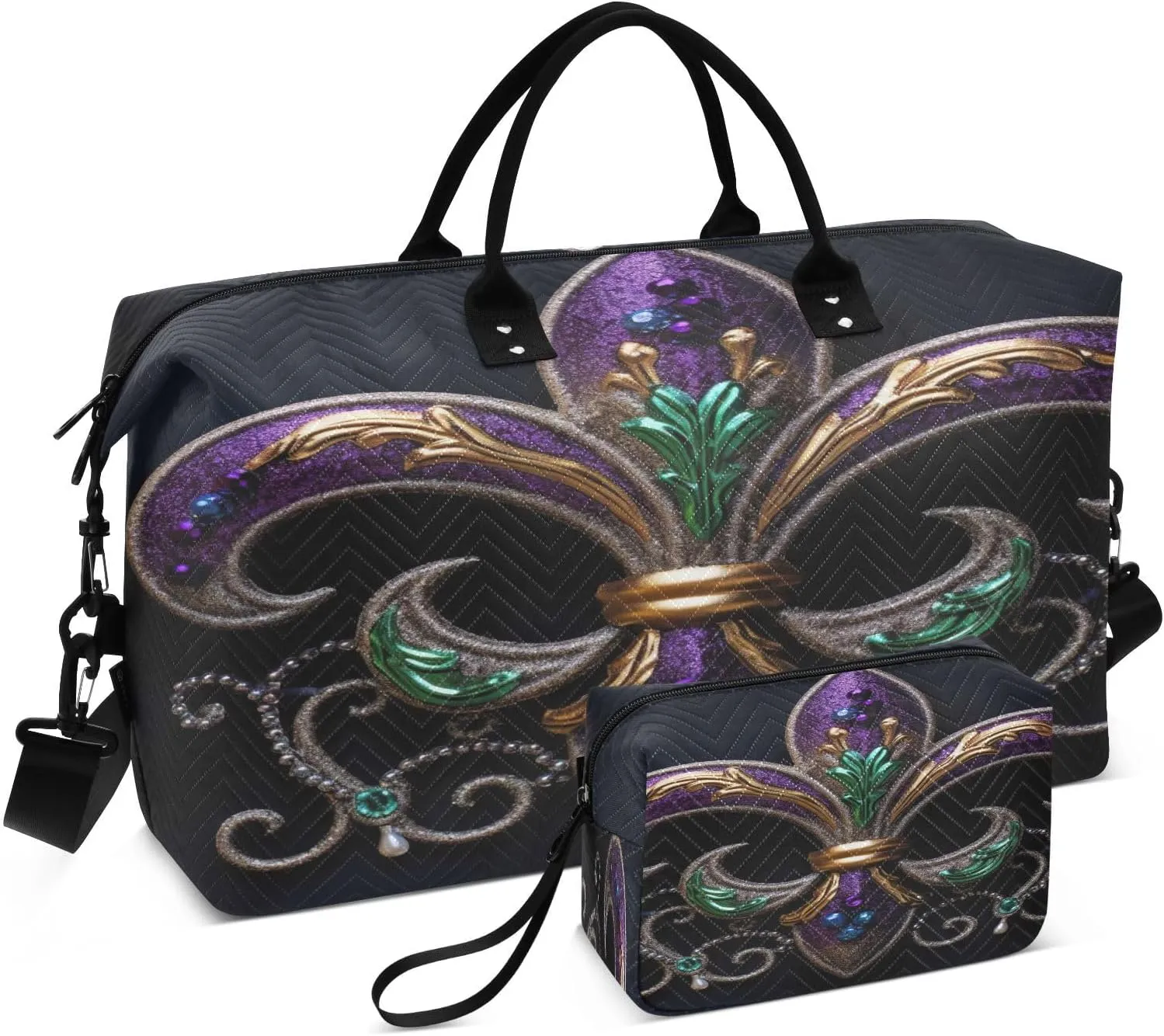 DOMIKING Cartoon Mardi Gras Carnival Black Travel Duffle Bag Foldable Weekender Overnight Bags for Women Men Carry On Bag Personal Item Bag with Toiletry Bag for Business Trip Travel Gym, 2 Pcs