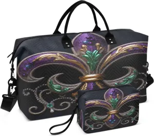DOMIKING Cartoon Mardi Gras Carnival Black Travel Duffle Bag Foldable Weekender Overnight Bags for Women Men Carry On Bag Personal Item Bag with Toiletry Bag for Business Trip Travel Gym, 2 Pcs