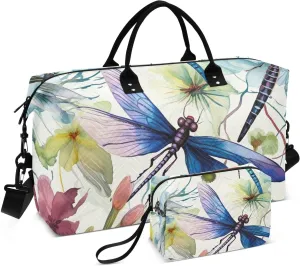 DOMIKING Colorful Flora Dragonfly Travel Duffle Bag Foldable Weekender Overnight Bags for Women Men Carry On Luggage Bag Personal Item Travel Bag with Toiletry Bag for Business Hospital Trip, 2 Pcs