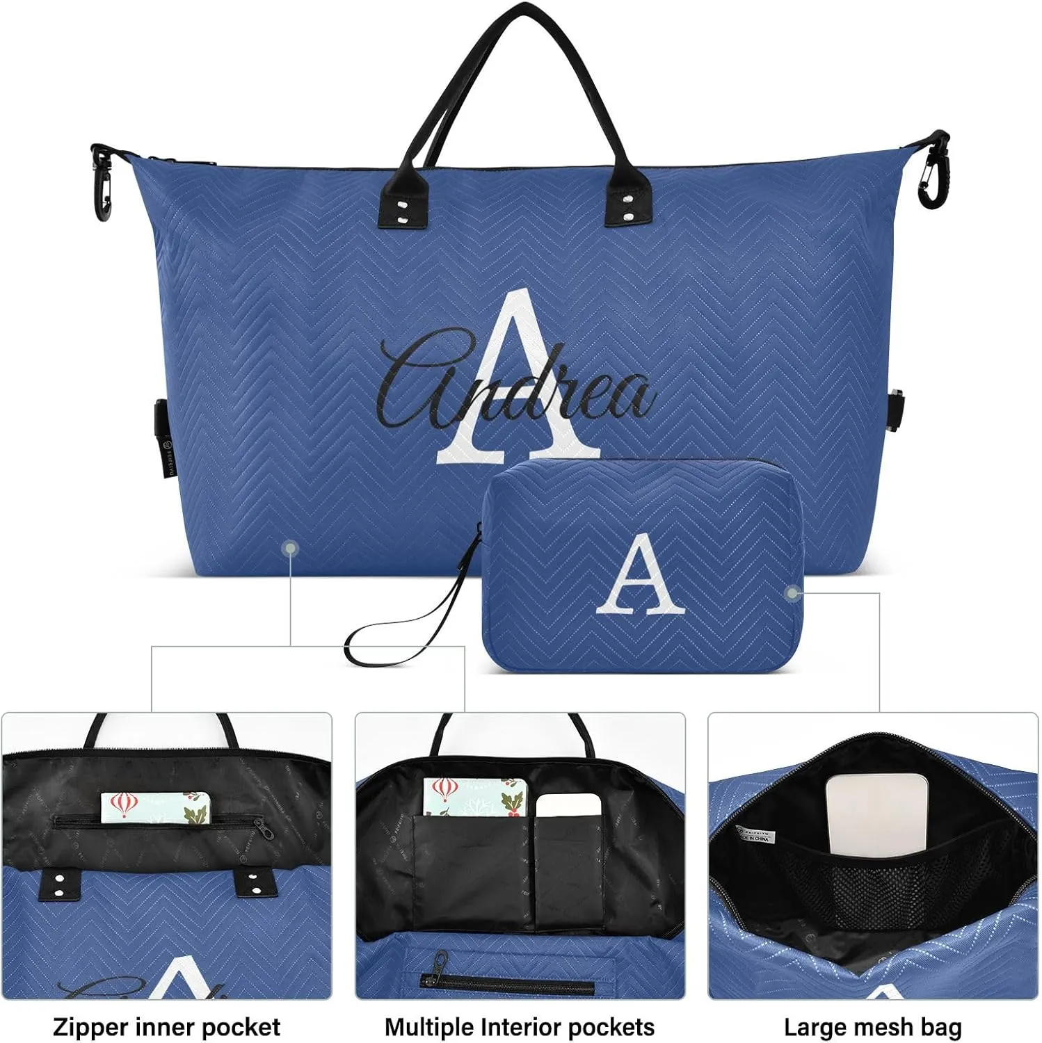 DOMIKING Elemental Blue Personalized Duffel Bag Foldable Weekender Bag Overnight Bags for Women Men Custom Gym Bag with Toiletry Bag for Trip Business Yoga, 2 Pcs