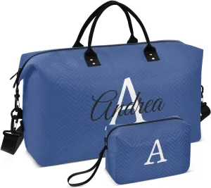 DOMIKING Elemental Blue Personalized Duffel Bag Foldable Weekender Bag Overnight Bags for Women Men Custom Gym Bag with Toiletry Bag for Trip Business Yoga, 2 Pcs