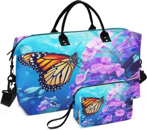 DOMIKING Flowers Monarch Butterfly Travel Duffle Bag Foldable Weekender Overnight Bags for Women Men Carry On Tote Bag Personal Item Travel Bag with Toiletry Bag for Yoga Business Travel, 2 Pcs
