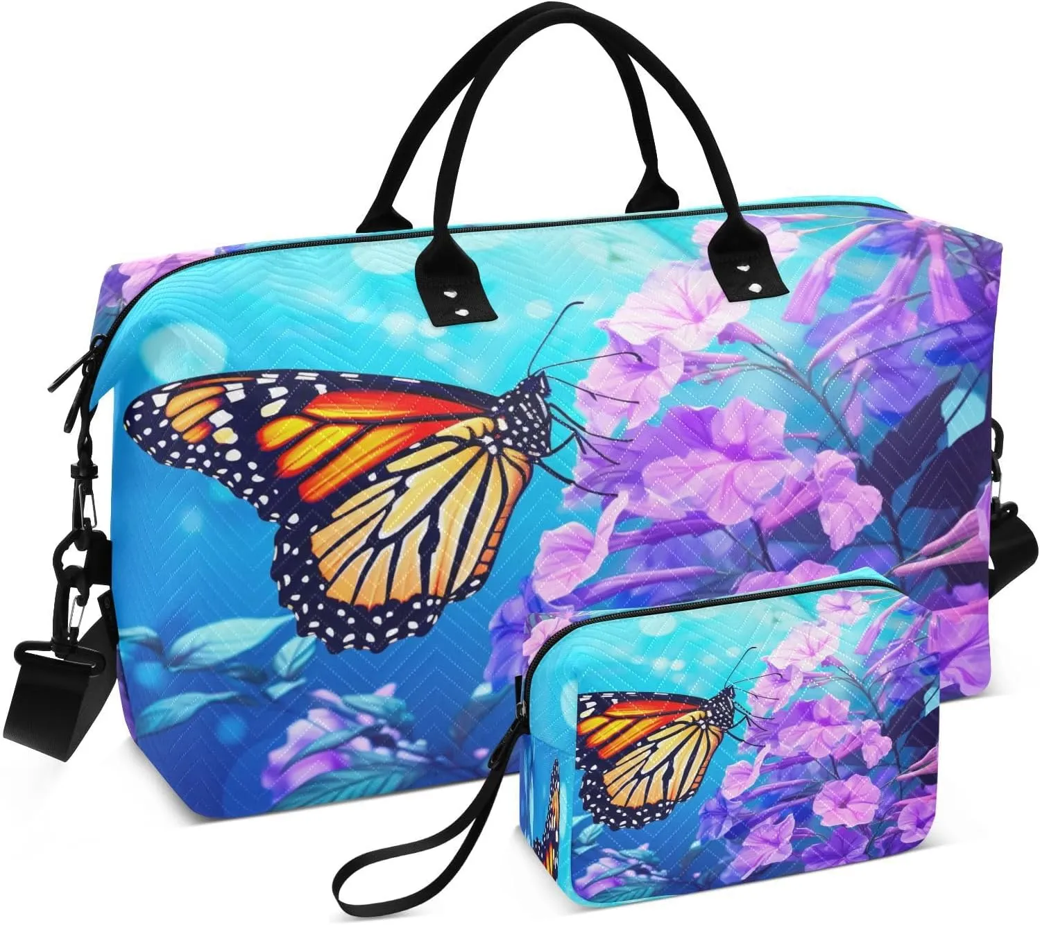 DOMIKING Flowers Monarch Butterfly Travel Duffle Bag Foldable Weekender Overnight Bags for Women Men Carry On Tote Bag Personal Item Travel Bag with Toiletry Bag for Yoga Business Travel, 2 Pcs