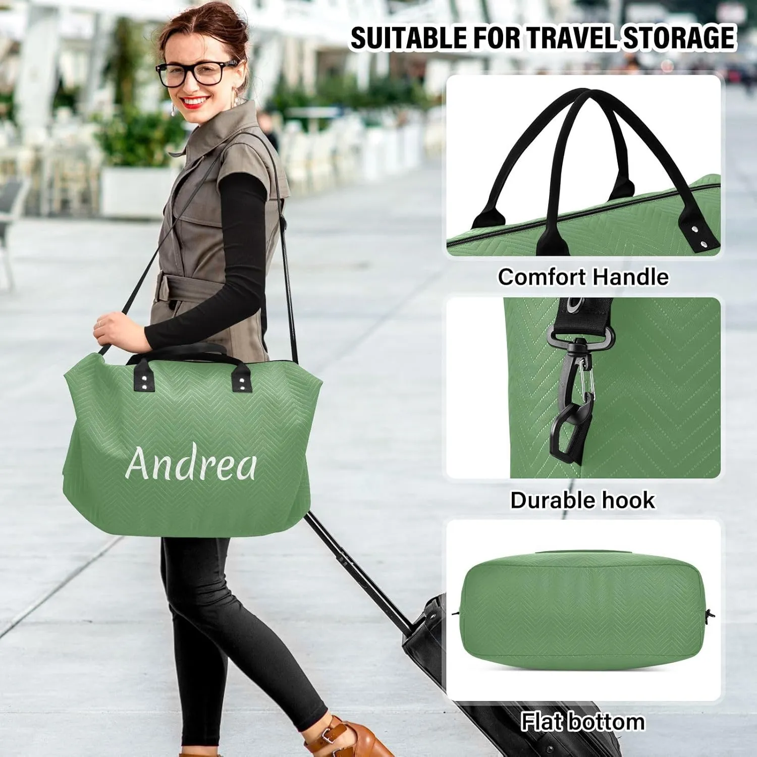 DOMIKING Grass Green Personalized Duffel Bag Foldable Weekender Bag Overnight Bags for Women Men Custom Gym Bag with Toiletry Bag for Women Business Weekend, 2 Pcs