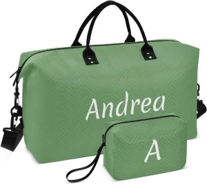 DOMIKING Grass Green Personalized Duffel Bag Foldable Weekender Bag Overnight Bags for Women Men Custom Gym Bag with Toiletry Bag for Women Business Weekend, 2 Pcs