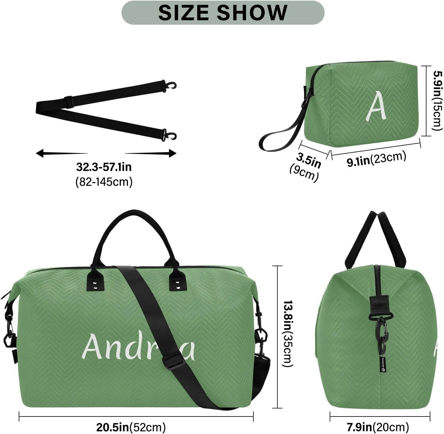 DOMIKING Grass Green Personalized Duffel Bag Foldable Weekender Bag Overnight Bags for Women Men Custom Gym Bag with Toiletry Bag for Women Business Weekend, 2 Pcs