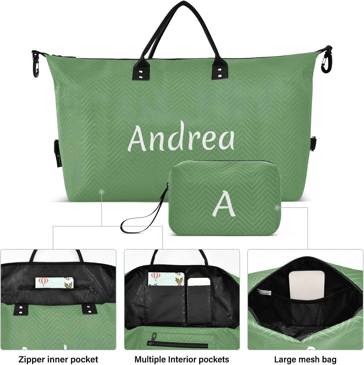 DOMIKING Grass Green Personalized Duffel Bag Foldable Weekender Bag Overnight Bags for Women Men Custom Gym Bag with Toiletry Bag for Women Business Weekend, 2 Pcs