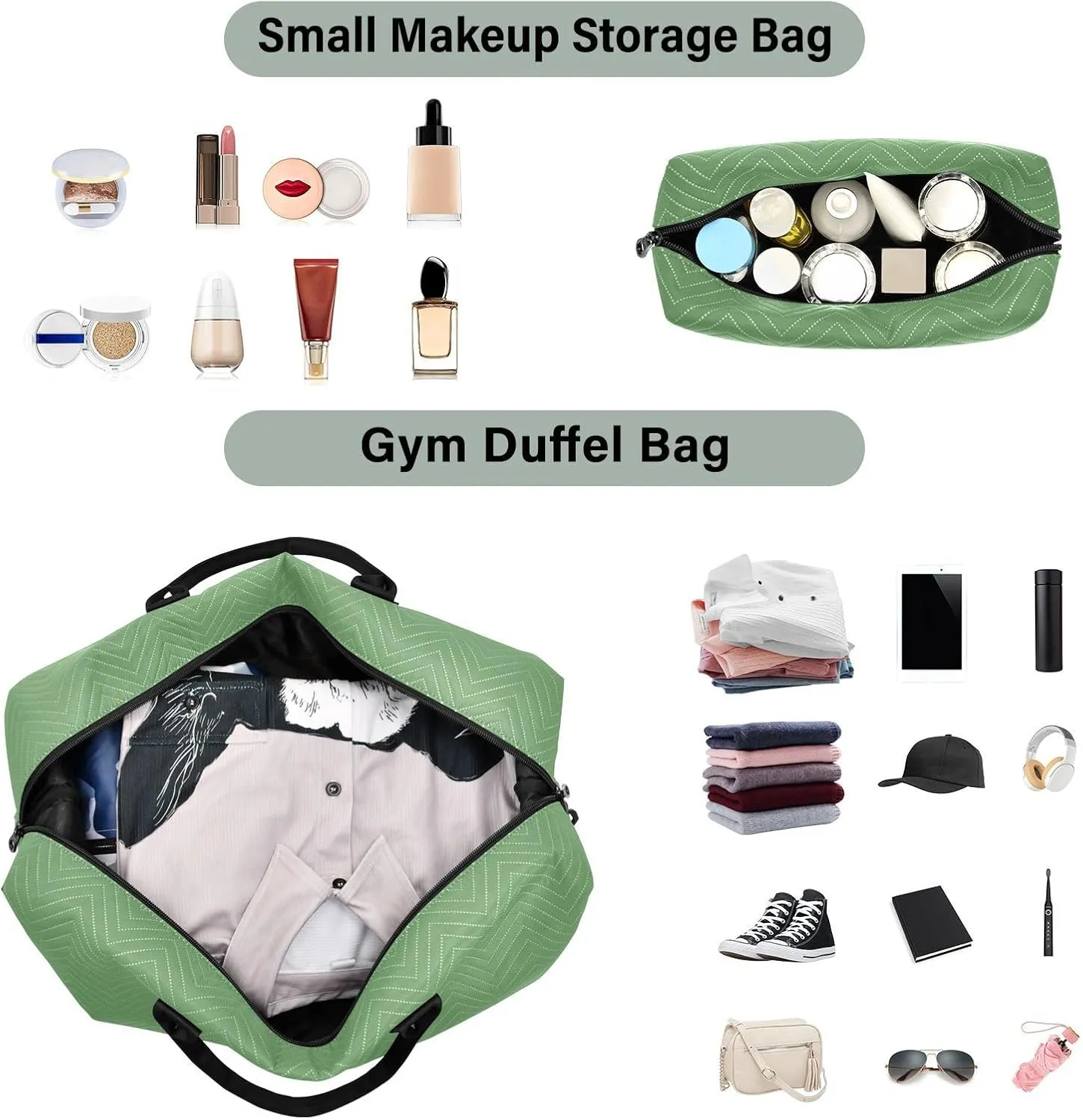 DOMIKING Grass Green Personalized Duffel Bag Foldable Weekender Bag Overnight Bags for Women Men Custom Gym Bag with Toiletry Bag for Women Business Weekend, 2 Pcs