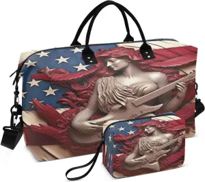 DOMIKING Patriotic Relief Sculpture Travel Duffle Bag Foldable Weekender Overnight Bags for Women Men Carry On Gym Bag Personal Item Travel Bag with Toiletry Bag for Sports Business Trip, 2 Pcs